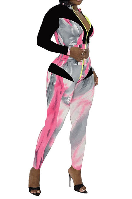 Cyan New Modest Print Long Sleeve Zip Front Blouse Pencil Pants Sets ZNN9107-2