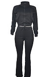 Coffee Women Solid Color Long Sleeve Cardigan Zipper Sport Flare Leg Pants Sets LML163-7