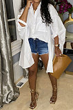 White Euramerican Women Personality Solid Color Turn-Down Collar Single-Breasted Cardigan Irregular Shirts RMH8941-1