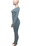 Blue Gray Euramerican Women Autumn Winter Ribber Pure Color Zipper Cardigan Bodycon Long Pants Sets Q939-1