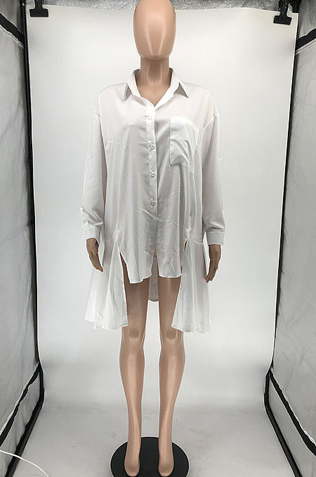 White Euramerican Women Personality Solid Color Turn-Down Collar Single-Breasted Cardigan Irregular Shirts RMH8941-1