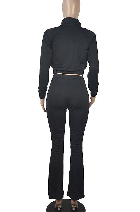Rose Red Women Solid Color Long Sleeve Cardigan Zipper Sport Flare Leg Pants Sets LML163-3