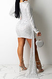 Black Women Club Party Sequins Hollow Out Streamer Pure Color Mini Dress Q947-3