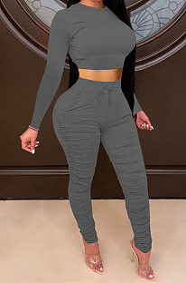 Dark Gray Women Autumn Winter Pure Color Ruffle Long Sleeve Pants Sets QQM4335-8