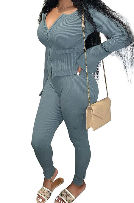 Blue Gray Euramerican Women Autumn Winter Ribber Pure Color Zipper Cardigan Bodycon Long Pants Sets Q939-1