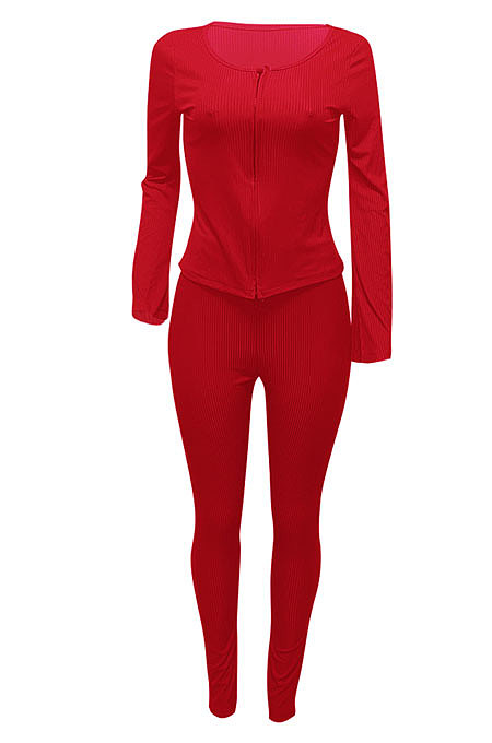 Red Euramerican Women Autumn Winter Ribber Pure Color Zipper Cardigan Bodycon Long Pants Sets Q939-2