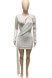 White Women Club Party Sequins Hollow Out Streamer Pure Color Mini Dress Q947-1