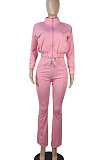Coffee Women Solid Color Long Sleeve Cardigan Zipper Sport Flare Leg Pants Sets LML163-7