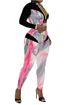 Gray New Modest Print Long Sleeve Zip Front Blouse Pencil Pants Sets ZNN9107-1