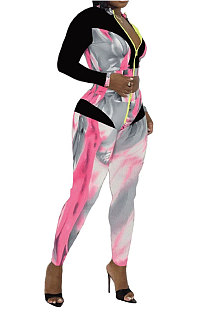 Gray New Modest Print Long Sleeve Zip Front Blouse Pencil Pants Sets ZNN9107-1