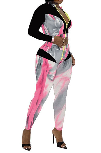 Gray New Modest Print Long Sleeve Zip Front Blouse Pencil Pants Sets ZNN9107-1