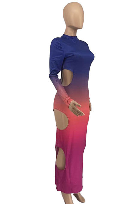 Drak Blue Gradient Long Sleeve High Neck Hollow Out Slim Fitting Maxi Dress ZDD31162-2
