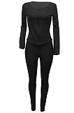 Black Euramerican Women Autumn Winter Ribber Pure Color Zipper Cardigan Bodycon Long Pants Sets Q939-3