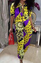 Yellow Cute New Short Sleeve Stand Neck Zip Front Top  Ankle Banded Pants Sets ZNN9106-1