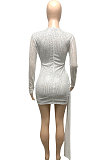 Black Women Club Party Sequins Hollow Out Streamer Pure Color Mini Dress Q947-3