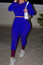 Royal Blue Euramerican High Waist Long Sleeve Round Collar Yoga Suit Pants Sets QQM4336-4