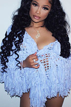 Light Blue Fashion Handmade Tassel Cardigan Solid Color Woolen Coat ZS0118-4