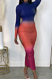 Green Gradient Long Sleeve High Neck Hollow Out Slim Fitting Maxi Dress ZDD31162-3