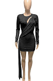 Black Women Club Party Sequins Hollow Out Streamer Pure Color Mini Dress Q947-3