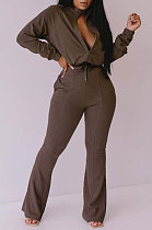 Coffee Women Solid Color Long Sleeve Cardigan Zipper Sport Flare Leg Pants Sets LML163-7