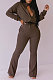 Coffee Women Solid Color Long Sleeve Cardigan Zipper Sport Flare Leg Pants Sets LML163-7