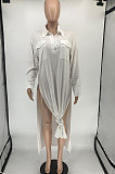 White Women Long Sleeve Pure Color POLO Collar High Split T Shirt/Shirt Dress RMH8942