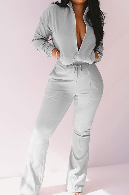 Gray Women Solid Color Long Sleeve Cardigan Zipper Sport Flare Leg Pants Sets LML163-2