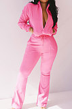 Rose Red Women Solid Color Long Sleeve Cardigan Zipper Sport Flare Leg Pants Sets LML163-3
