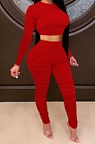 Pink Women Autumn Winter Pure Color Ruffle Long Sleeve Pants Sets QQM4335-2