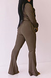 Yellow Women Solid Color Long Sleeve Cardigan Zipper Sport Flare Leg Pants Sets LML163-4