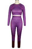 Royal Blue Euramerican High Waist Long Sleeve Round Collar Yoga Suit Pants Sets QQM4336-4