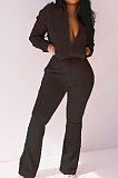 Green Women Solid Color Long Sleeve Cardigan Zipper Sport Flare Leg Pants Sets LML163-6