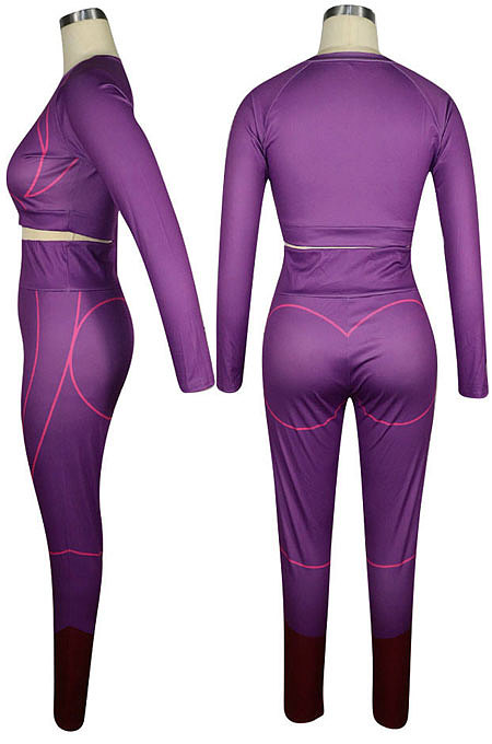 Red Euramerican High Waist Long Sleeve Round Collar Yoga Suit Pants Sets QQM4336-2