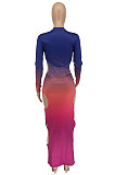 Green Gradient Long Sleeve High Neck Hollow Out Slim Fitting Maxi Dress ZDD31162-3