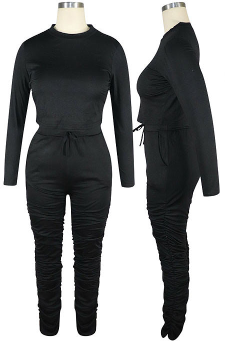 Yellow Women Autumn Winter Pure Color Ruffle Long Sleeve Pants Sets QQM4335-3