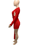 Red Women Club Party Sequins Hollow Out Streamer Pure Color Mini Dress Q947-2