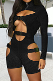 Black Women High Elastic Pineapple Cloth Solid Color Hollow Out Buckle Romper Shorts QQM4328-2