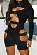 Black Women High Elastic Pineapple Cloth Solid Color Hollow Out Buckle Romper Shorts QQM4328-2
