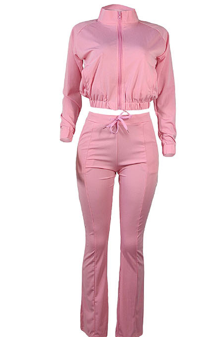 Coffee Women Solid Color Long Sleeve Cardigan Zipper Sport Flare Leg Pants Sets LML163-7