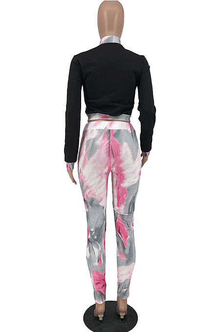 Gray New Modest Print Long Sleeve Zip Front Blouse Pencil Pants Sets ZNN9107-1