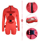 Black Women High Elastic Pineapple Cloth Solid Color Hollow Out Buckle Romper Shorts QQM4328-2