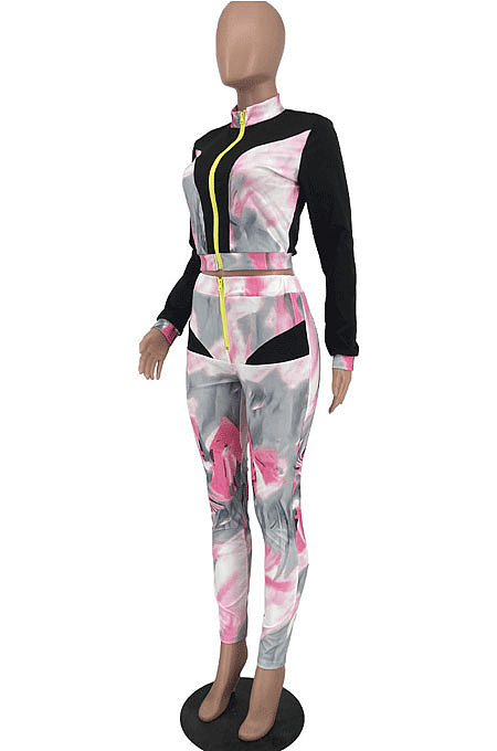 Cyan New Modest Print Long Sleeve Zip Front Blouse Pencil Pants Sets ZNN9107-2