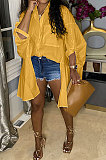 Orange Yellow Euramerican Women Personality Solid Color Turn-Down Collar Single-Breasted Cardigan Irregular Shirts RMH8941-4