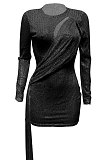Black Women Club Party Sequins Hollow Out Streamer Pure Color Mini Dress Q947-3