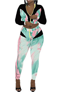 Cyan New Modest Print Long Sleeve Zip Front Blouse Pencil Pants Sets ZNN9107-2