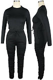 Pink Women Autumn Winter Pure Color Ruffle Long Sleeve Pants Sets QQM4335-2
