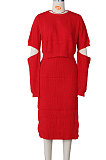 Red Winter New Solid Color Woolen  Long Sleeve Round Neck Sweater High Waist Slit Hip Skirts Sets  ZS079-3