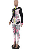 Gray New Modest Print Long Sleeve Zip Front Blouse Pencil Pants Sets ZNN9107-1
