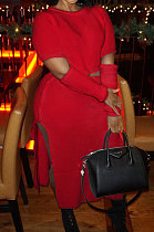 Red Winter New Solid Color Woolen  Long Sleeve Round Neck Sweater High Waist Slit Hip Skirts Sets  ZS079-3