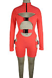 Neon Red Women High Elastic Pineapple Cloth Solid Color Hollow Out Buckle Romper Shorts QQM4328-1